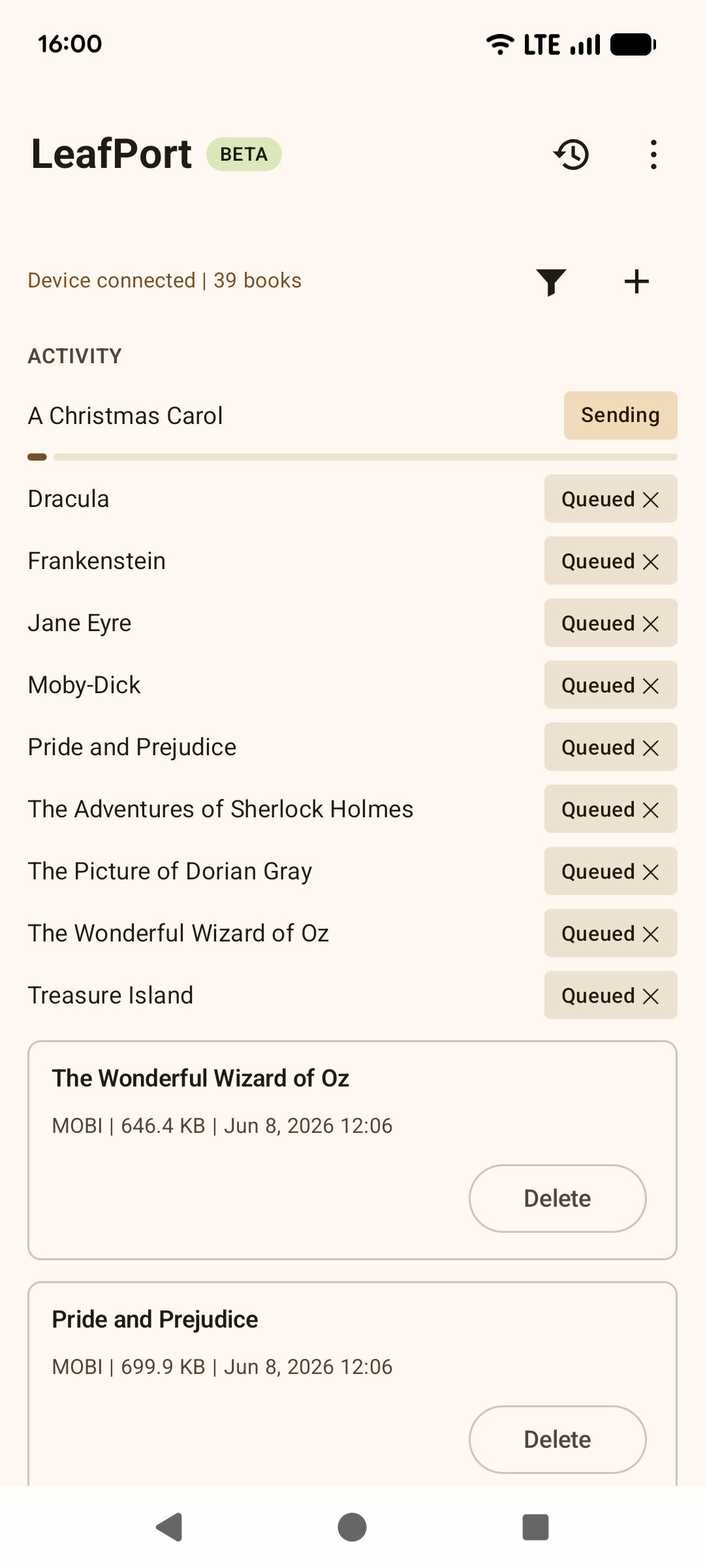 LeafPort sending a queue of books to a connected Kindle